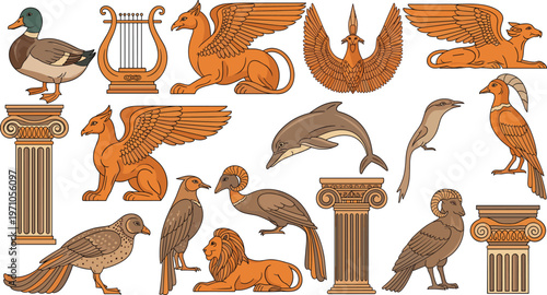 Large collection of ancient greek and roman symbols featuring griffin silhouettes ionic columns mythological creatures birds and pottery art elements for historical creative design projects