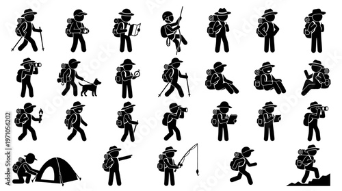 Hiker and Backpacker Outdoor Adventure Activities Black Glyph Solid Icons Set