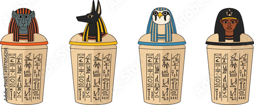 Set of ancient Egyptian canopic jars featuring the four sons of Horus with hieroglyphs for historical education mythological storytelling burial rituals and cultural museum heritage