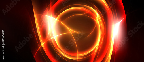 Abstract energy swirls, vibrant orange hues dominate. Bright light emanates from center, creating dynamic visual effect. Dark background enhances glow.