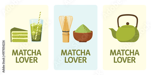 Illustrations of different ways to enjoy matcha beverages and treats