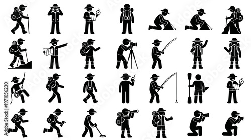 Outdoor Adventure and Recreation Activities People Black and White Glyph Icons Set