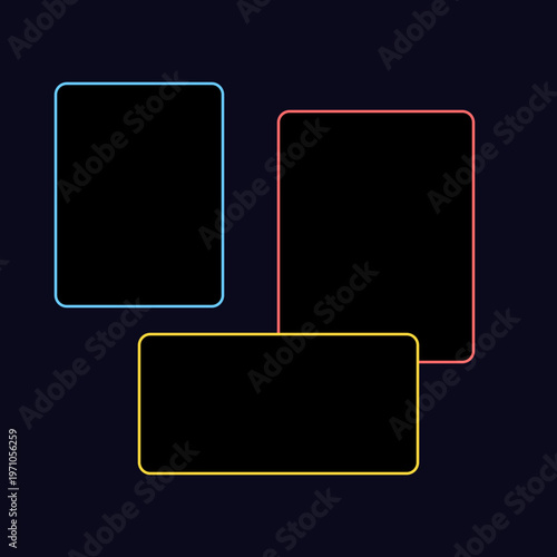 Glossy 3D abstract vector background featuring a set of empty glass square frames and technology icons designed for a modern web business template