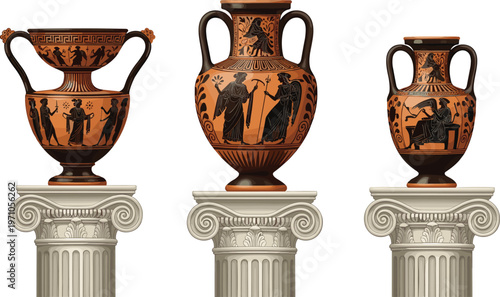 Set of ancient greek pottery amphora vases with mythological figures standing on ionic columns for historical education cultural museum heritage and classical antique design