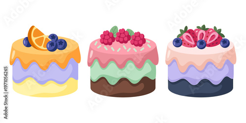 Colorful layered cakes with fresh fruit toppings isolated on transparent background