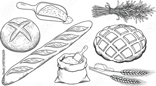 Set of hand drawn bakery sketches featuring fresh baguette sourdough bread sack of flour wheat ears and rosemary for bakery shop menu design