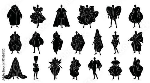 Minimalist Black and White Fashion Silhouettes Collection. Stylized Avant-Garde Clothing Figures Set.