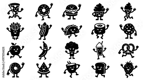 Smiling Cute Cartoon Food and Drink Glyph Icons Set - Collection of Happy Food Mascots