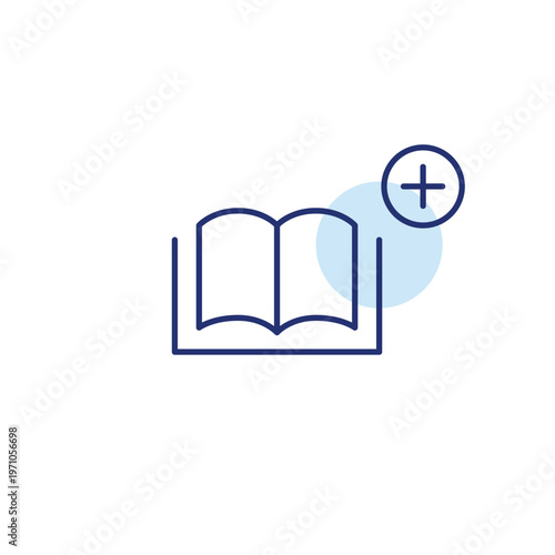 Open book and plus. Reading habit, knowledge gain. New addition to library and learning. Pixel perfect, editable stroke vector icon