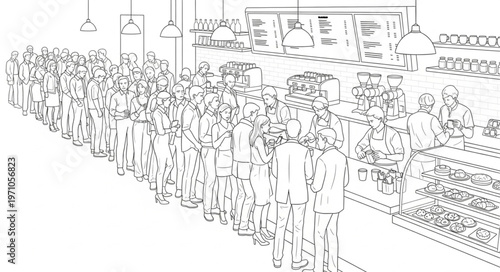 Crowded Supermarket Aisle with Shoppers and Products.