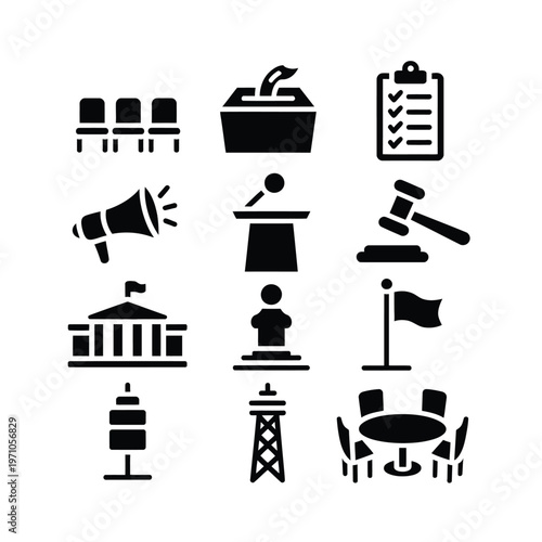 A collection of black and white icons representing government and politics