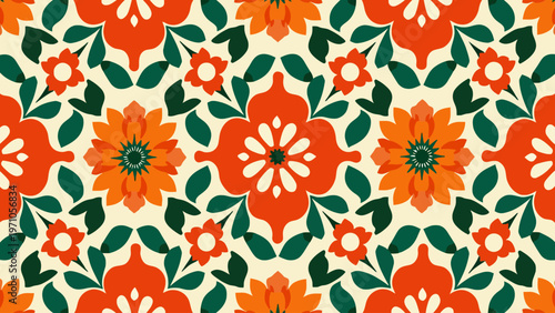 Colorful seamless retro floral pattern featuring vibrant orange green and blue blooming flowers for vintage 70s style wallpapers and playful textile design.