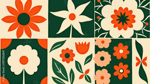 Retro seamless floral pattern featuring orange green and dark blue flowers arranged in a geometric grid for vintage wallpapers and stylish mid century textiles.