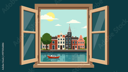 Beautiful illustration of an open window looking out at a serene tropical beach landscape during sunset for relaxing summer vacation and travel design concepts.