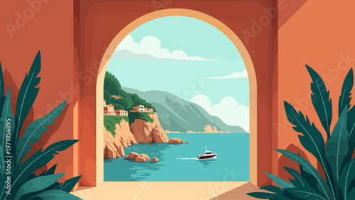 Elegant illustration of an open arched window looking out at a beautiful tropical beach landscape for relaxing summer vacation travel and peaceful interior design.