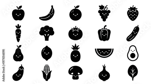 Cute Black and White Glyph Food Icons Set: Happy Fruits and Vegetables Vector Collection