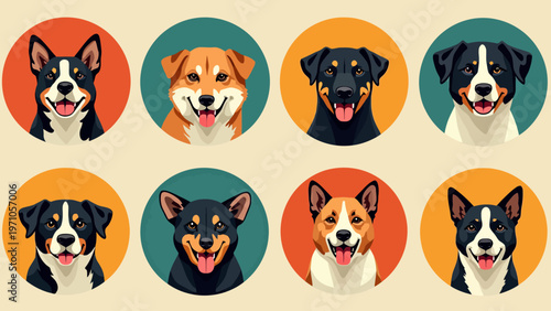 Set of cute cartoon dog faces featuring various breeds in colorful circles for playful pet shop logos and veterinary clinic graphics.