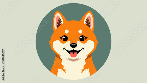 Cute cartoon illustration of a happy shiba inu dog peeking out of a circle for playful pet graphics and adorable veterinary clinic design.