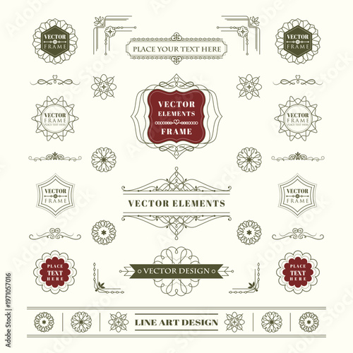 Set of Vintage Art Deco Linear Thin Line Design Elements with Frames Corners Badges and Geometric Ornaments