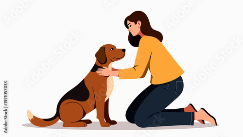 Playful flat vector illustration of a person sitting on the floor interacting with a cute dog for happy pet owner concepts and domestic animal care.
