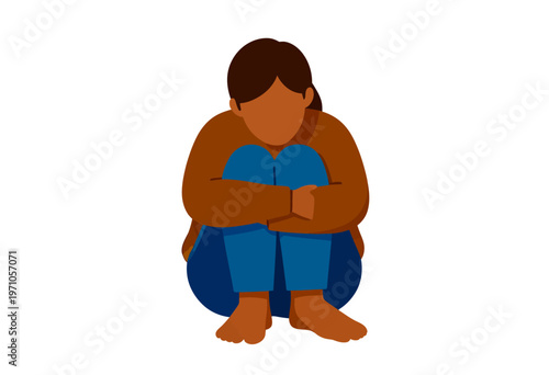Minimalist flat vector illustration of a person sitting on the floor hugging their knees for mental health awareness concepts feeling lonely or experiencing sadness.