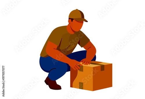Minimalist flat vector illustration of a person sitting on a box packing or unpacking for moving house relocation concepts and real estate property design.