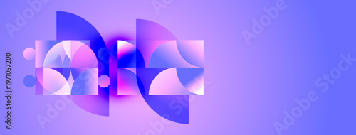 Abstract shapes overlap, creating vibrant purple, blue hues. Modern design suggests technology, innovation, digital art. Gradient background enhances visual depth.