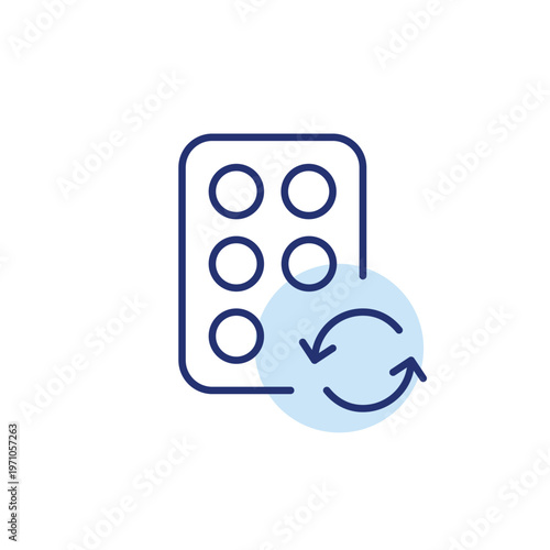 Medication update, prescription refresh, health renewal. Blister of pills and arrows. Pixel perfect, editable stroke vector icon