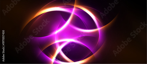 Abstract glowing lines form circular shapes. Purple, orange hues dominate dark background. Dynamic energy radiates from center.
