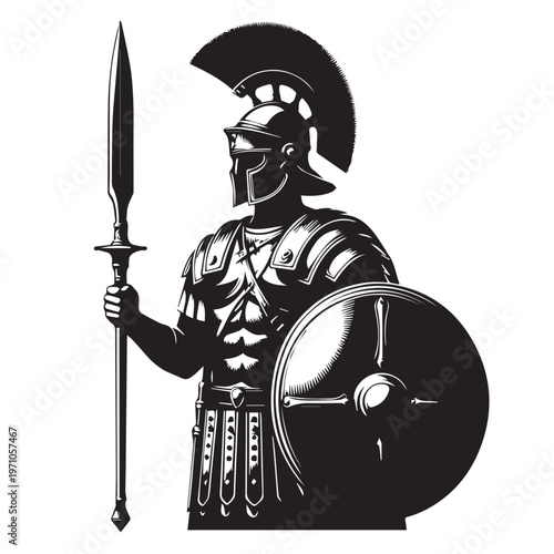 Black and white silhouette vector of a Roman soldier standing with a spear and shield in a bold, graphic illustration.