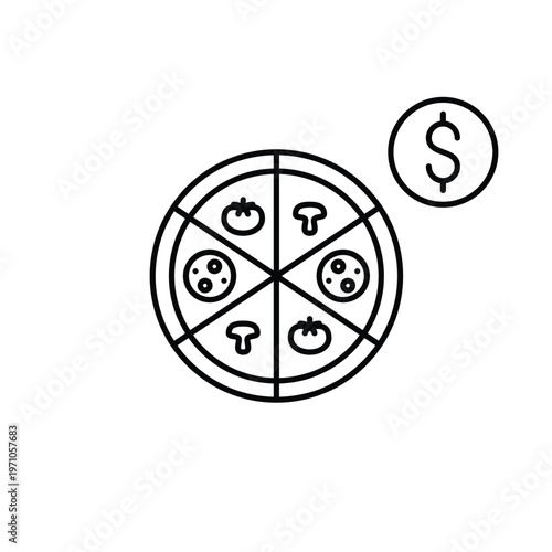 Pizza and dollar. Fast food cost, meal purchase payment, restaurant expense. Pixel perfect, editable stroke vector icon