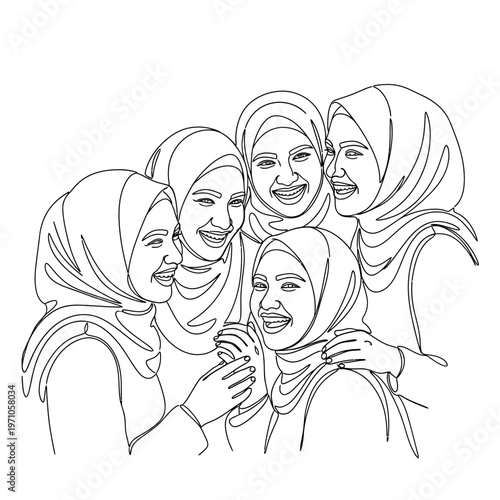 Four Smiling Women Wearing Headscarves Together.