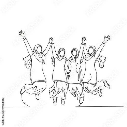 four women jumping with headscarves.