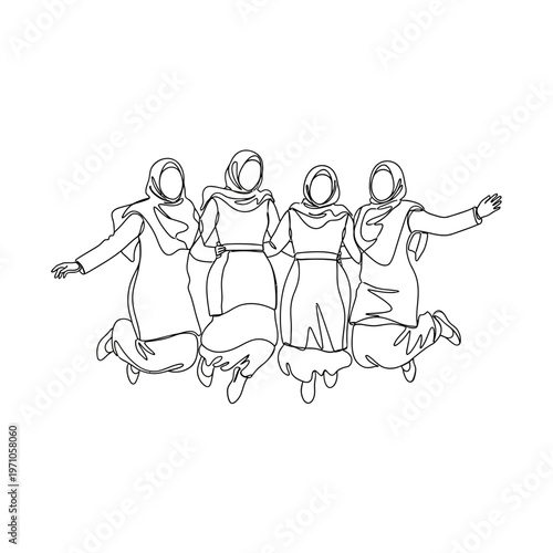 Four Women Wearing Headscarves Jumping.
