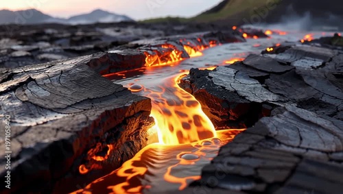 Molten Lava Flowing Through Cracked Earth During Volcanic Eruption.