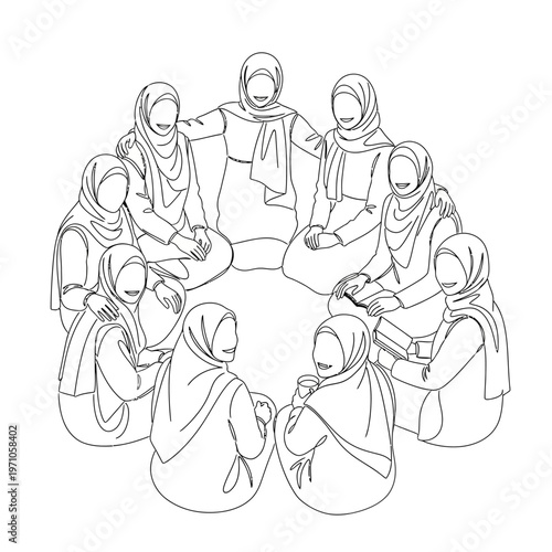 Group of people wearing headscarves sitting.