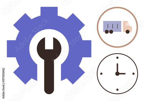 Maintenance, logistics, time tracking, workflow, efficiency, repair services. A gear with a wrench, a delivery truck and a clock. Maintenance and logistics concepts for services workflow