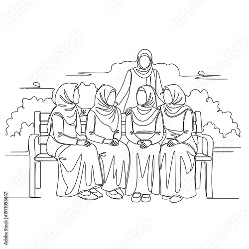 Muslim women wearing headscarves sitting together.