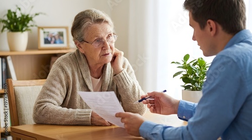 Senior woman discussing financial documents with advisor at home, retirement planning and insurance consultation concept, personal finance management and elderly support