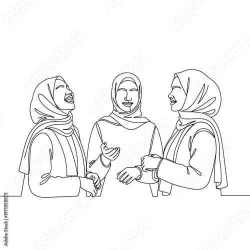 Three women wearing headscarves talking.