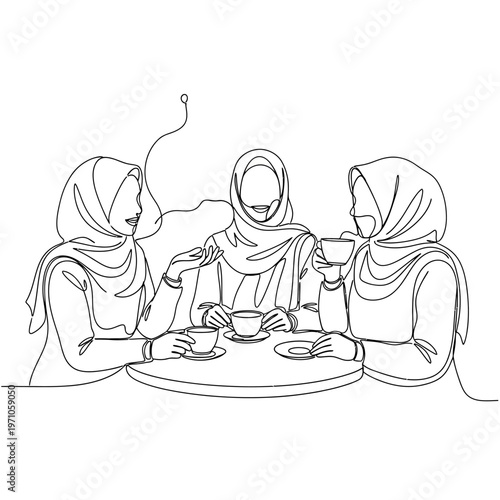 Women wearing headscarves drinking coffee.