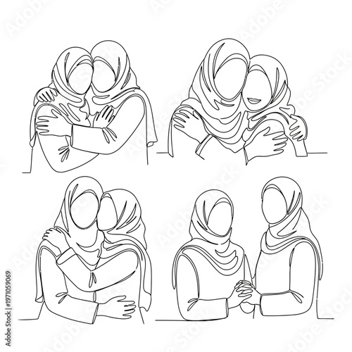 Women wearing headscarves embracing each other.