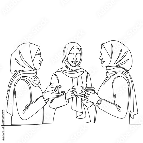 Women wearing headscarves holding coffee cups.