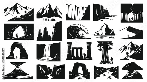 Black and White Outdoor Adventure Vector Icons Set