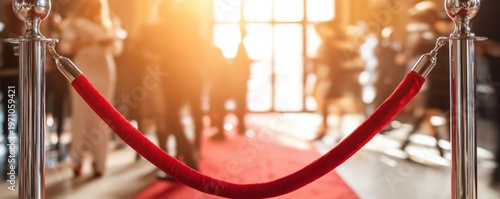 A velvet rope barrier cordons off a red carpet area with blurred people and bright sunlight in the background, suggesting an exclusive event or VIP experience.