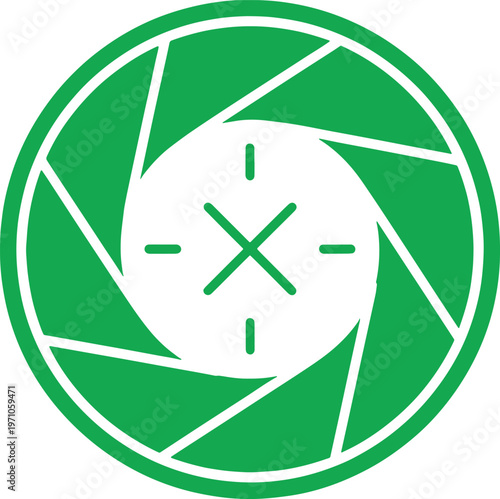 Green camera lens aperture symbol with white lines and dots on circular background