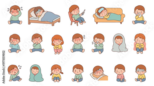 Medical Health Flat Illustration Set: People with Illness Symptoms, Flu, Cold, Fever, Headache