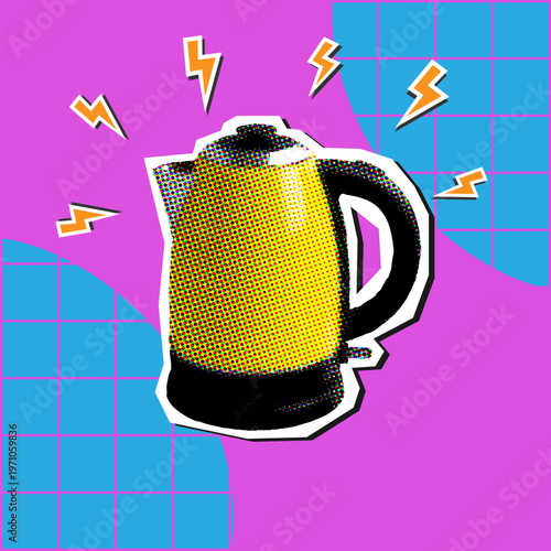 Pop art retro halftone paper sticker of electric kettle with textured dot shading