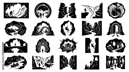 Outdoor Adventure Cave  Canyon Exploration Glyph Vector Icons Set