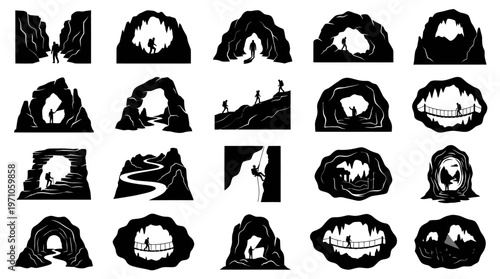 Adventure Caving Exploration Black  White Silhouette Icons: Caves, Hikers  Mountain Arches